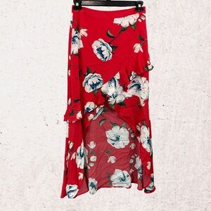 Miss Me Red Wrap Midi Skirt with Asymmetrical Ruffles